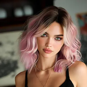 NAMM New Fashion Long Wavy Peach Pink Wigs Dark Roots Natural Looking High Quality Fiber Synthetic Fluffy Curly Wigs for Fashion Women Cosplay Halloween Costume Use