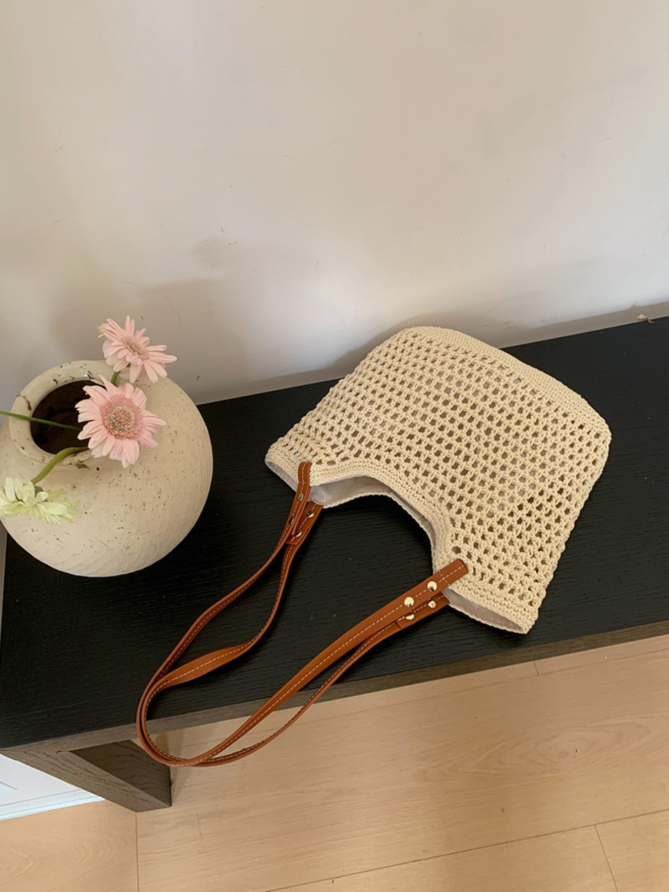 Women's Solid Color Crochet Shoulder Bag, Large Capacity Boho Straw Bag, Casual Trendy Versatile High-quality Daily Commuting Bag, Girl Fashionable Shopping Bag