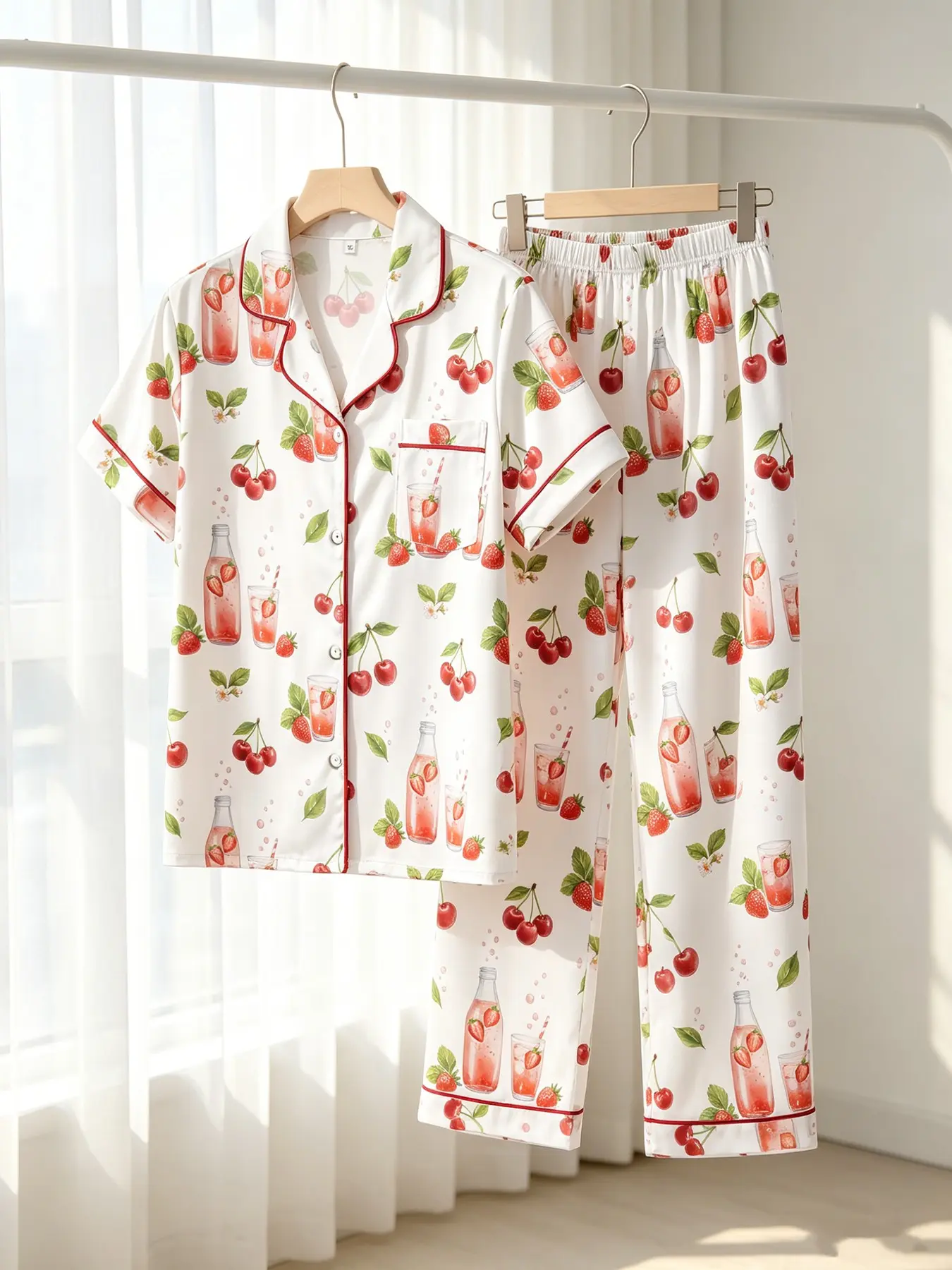 Women's 2-Piece Button Pajama Set, All Over Print Cherry Strawberry Fruit Beverage Print, All Season Wear, Relaxed Fit, INS Fresh Fruit Loungewear for Home & Daily Errands