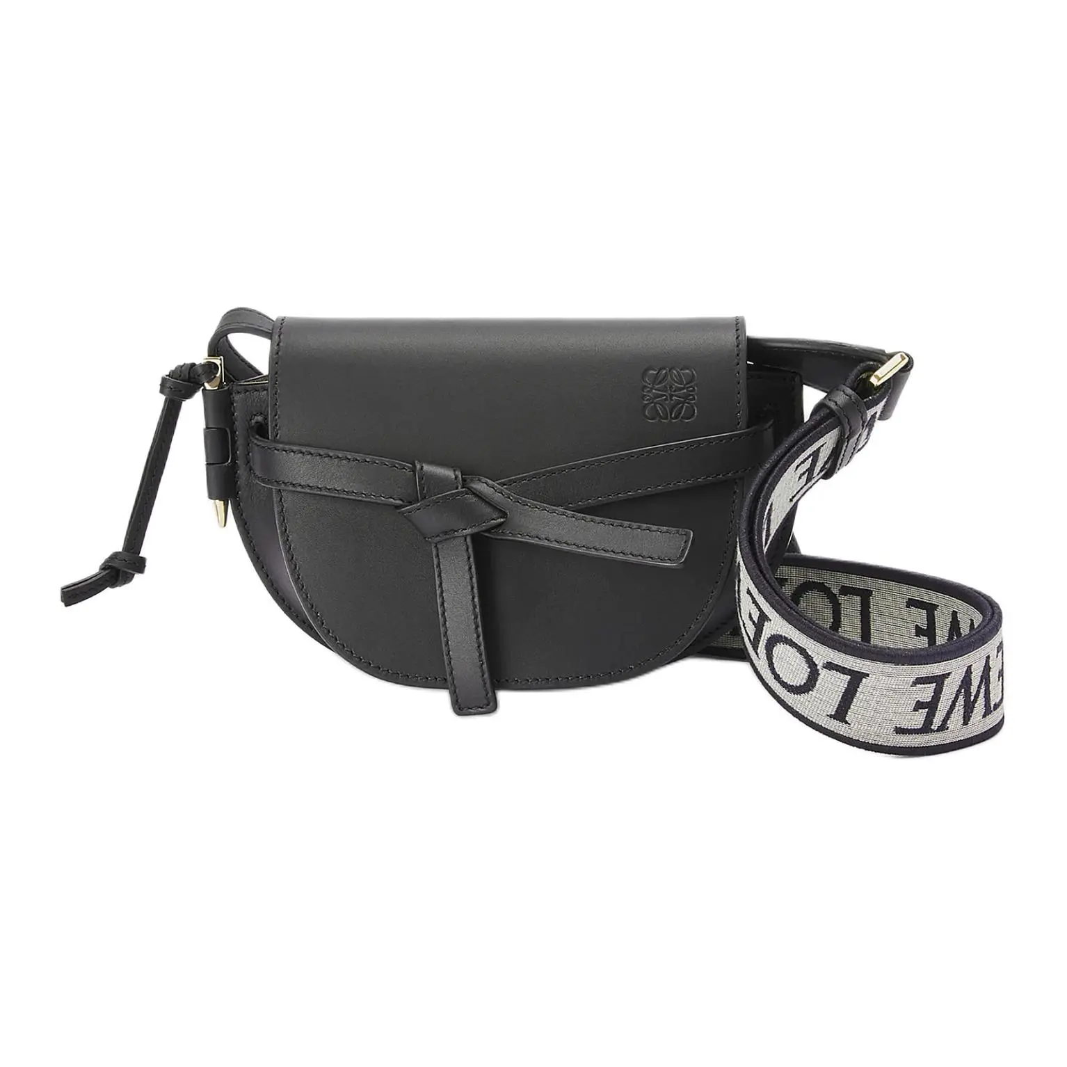 LOEWE Gate Dual Anagram Embossed Calfskin Bow Crossbody Bag for Women, Adjustable Detachable Strap, Mini, Black