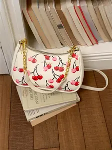 New Arrival Strawberry Print Women Underarm Baguette Bag Thin Metal Chain Sweet Shoulder Crossbody Purse Bag Small Daily Bag For Dating Shopping Outdoor Travel