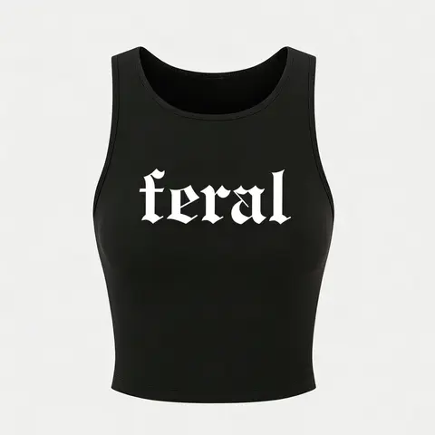 Black Ribbed "Feral" Gothic Cropped Round Neck Tank Top Fit - 2026 Trending Streetwear, Soft Stretchy Fabric Perfect for Casual Festivals & Edgy Looks, Bold Gothic Font That Stands Out, Casual Style, Crop Tops