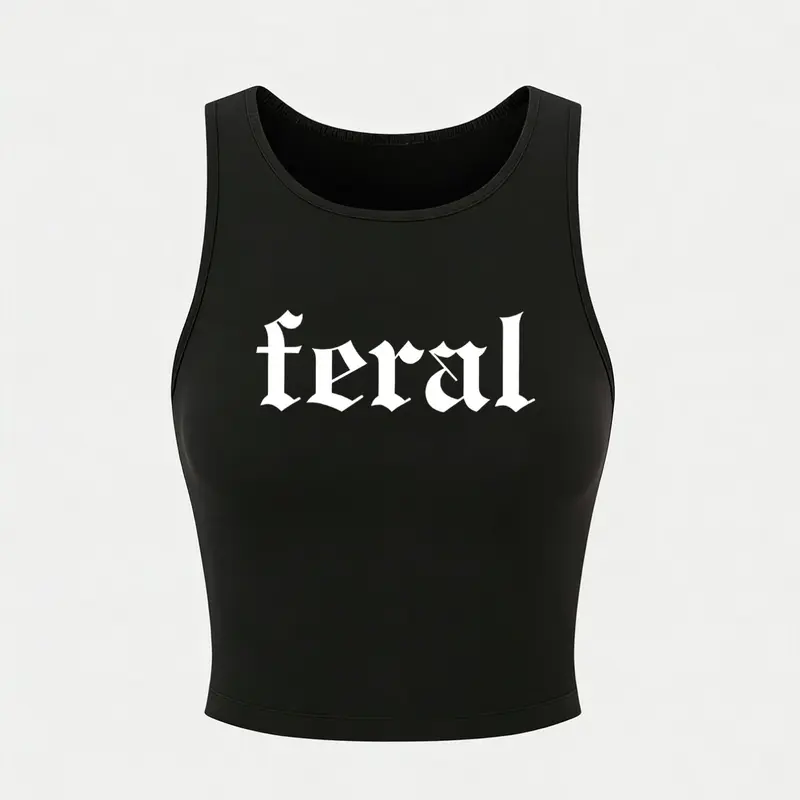 Black Ribbed "Feral" Gothic Cropped Round Neck Tank Top Fit - 2026 Trending Streetwear, Soft Stretchy Fabric Perfect for Casual Festivals & Edgy Looks, Bold Gothic Font That Stands Out, Casual Style, Crop Tops