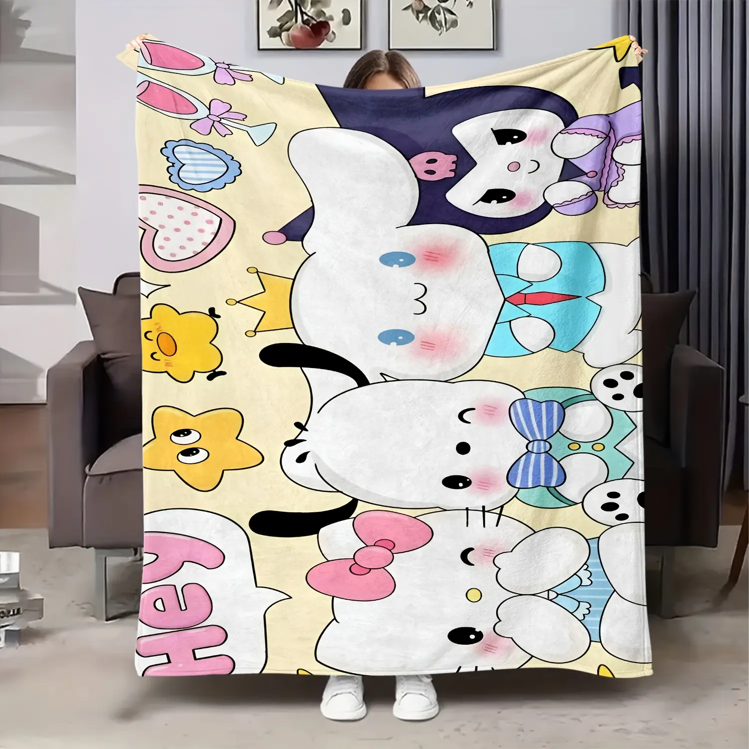 Sanrio Hello Kitty Cinnamoroll Kuromi Pochacco Cream Background Flannel Throw Blanket Cute Kawaii Character Warm Blanket Gift Girls Kids