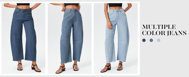 Imily Bela Women's Baggy Wide Leg Jeans Barrel Horseshoe Boyfriend Cropped Raw Hem Denim Pants