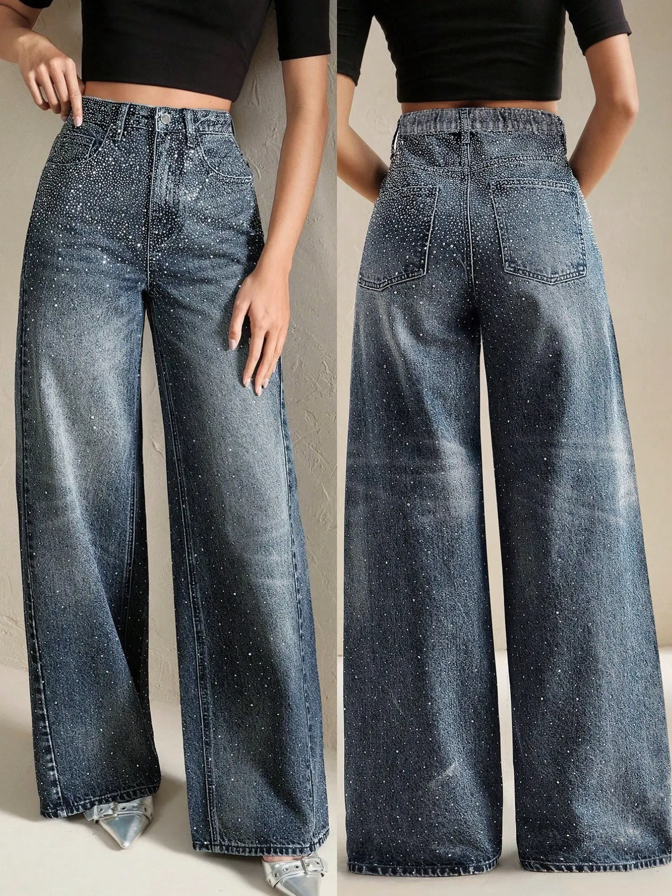 Women's Casual Fashion Rhinestone Embellished Denim Wide Leg Pants, Elastic Waist, Long Jeans for Daily Wear, Luxury Style