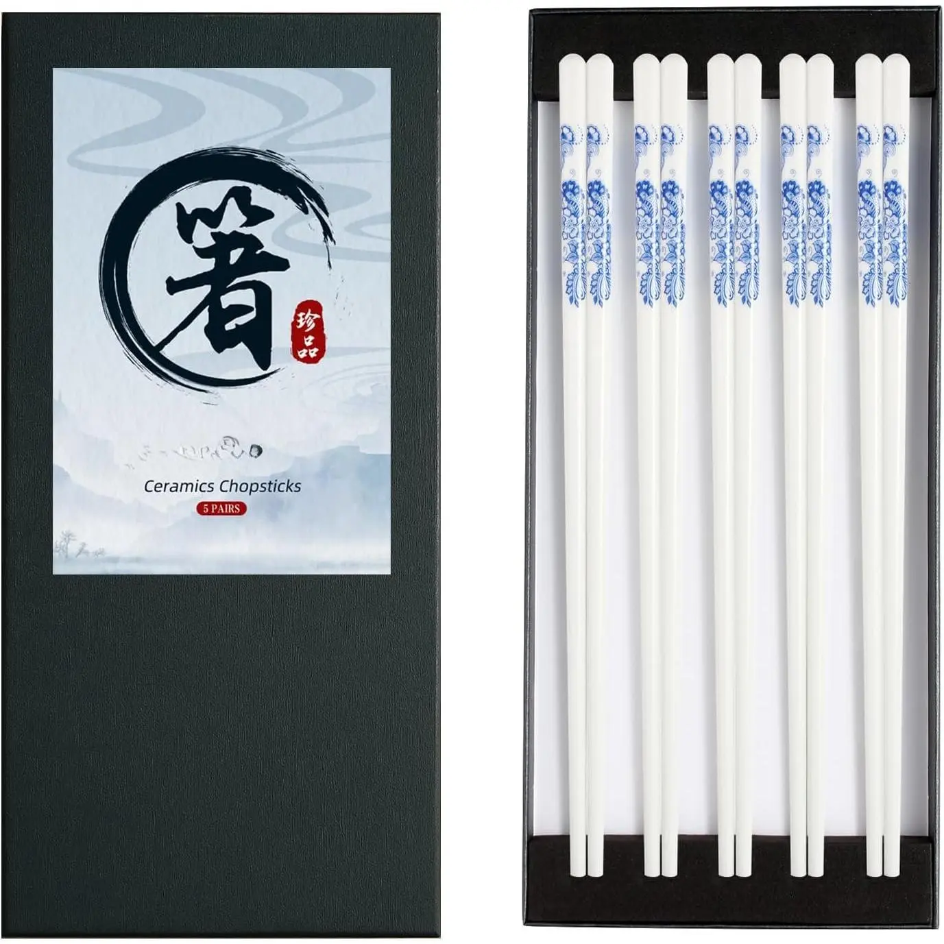 Porcelain Chopsticks Set of 5 Pairs,   Ceramic Chopsticks, Dishwasher Safe, Non-Slip Design, Elegant  Box for Family or Restaurant Use (Lantern flower)