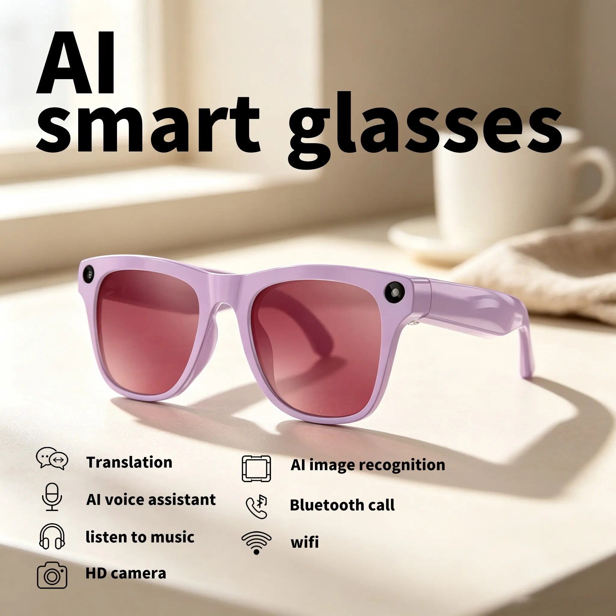 New Ai Smart Glasses with HD Camera, Bluetooth-compatible Calls & Music, Dual Mic Noise Cancellation, Real-Time Translation, 3 Replacement Lenses