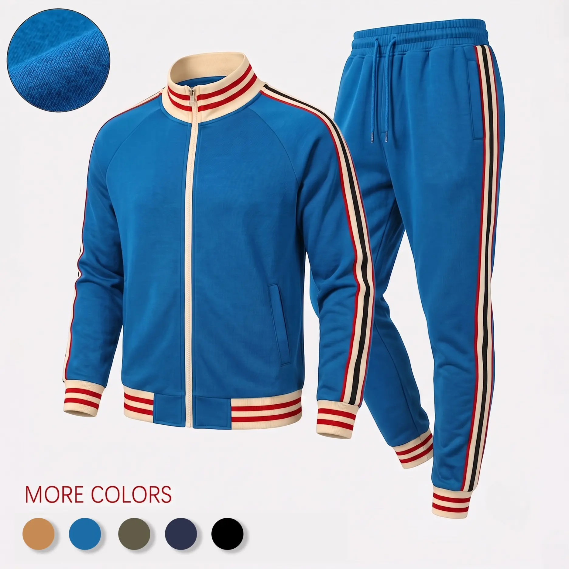Men’s Retro Stripe Tracksuit Set, Zip Stand Collar Jacket and Drawstring Jogger Pants, Casual Athletic Two-Piece Outfit for Streetwear, Travel, Workout and Daily Wear