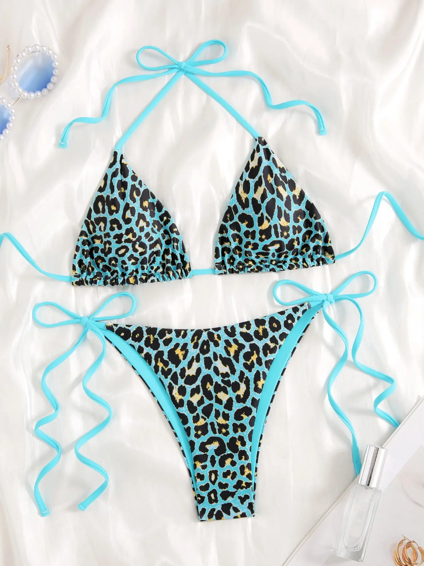 Women's Blue Leopard Print Sexy Tie-Band Bikini, Casual Fashion Beach Resort Swimsuit, Four-Season Women's Bikini Set