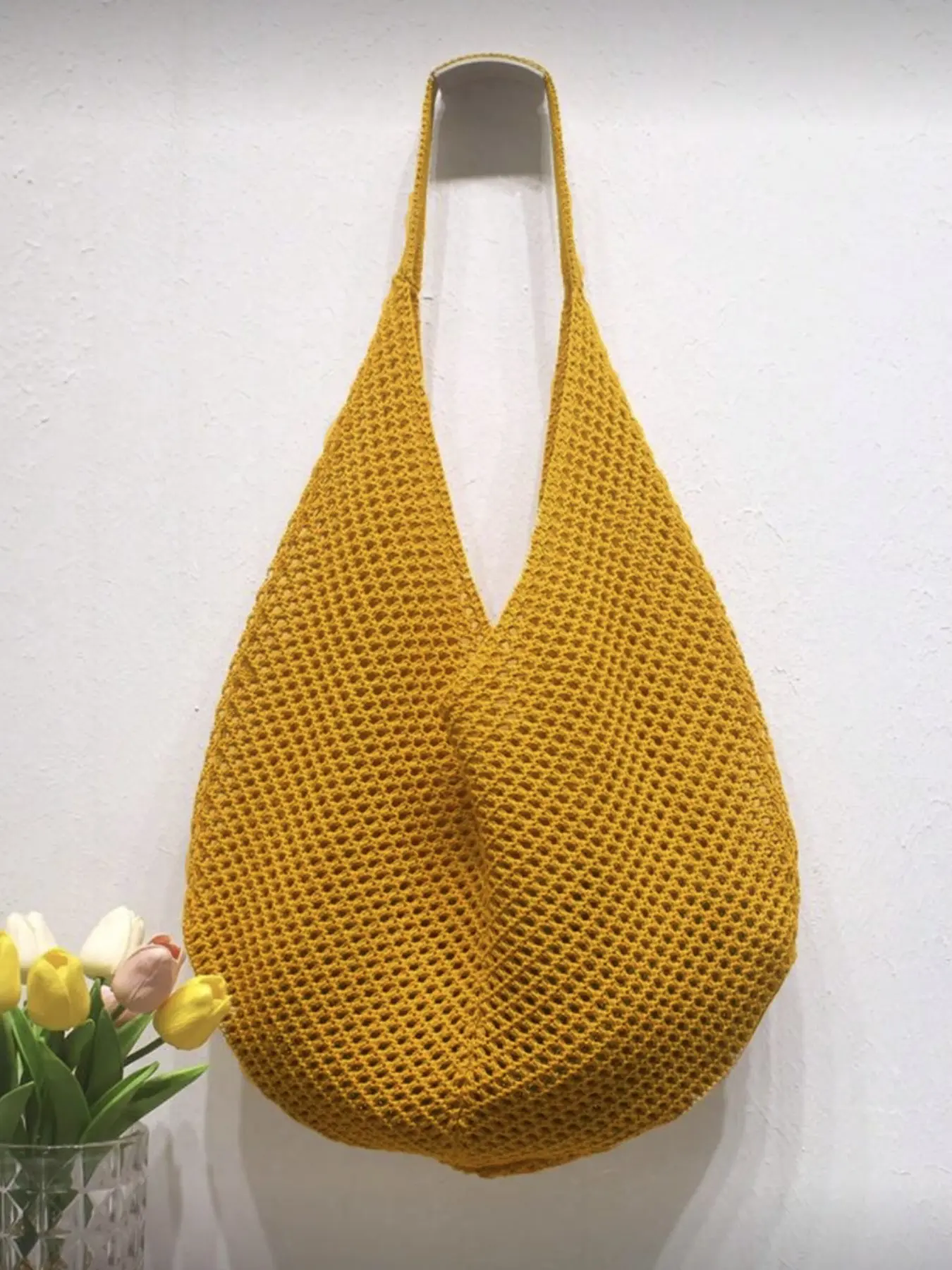 Large Capacity Crochet Shoulder Bag Lightweight Multi-functional Knitted Tote Beige Pink Brown Black for Travel Beach Vacation Daily Use