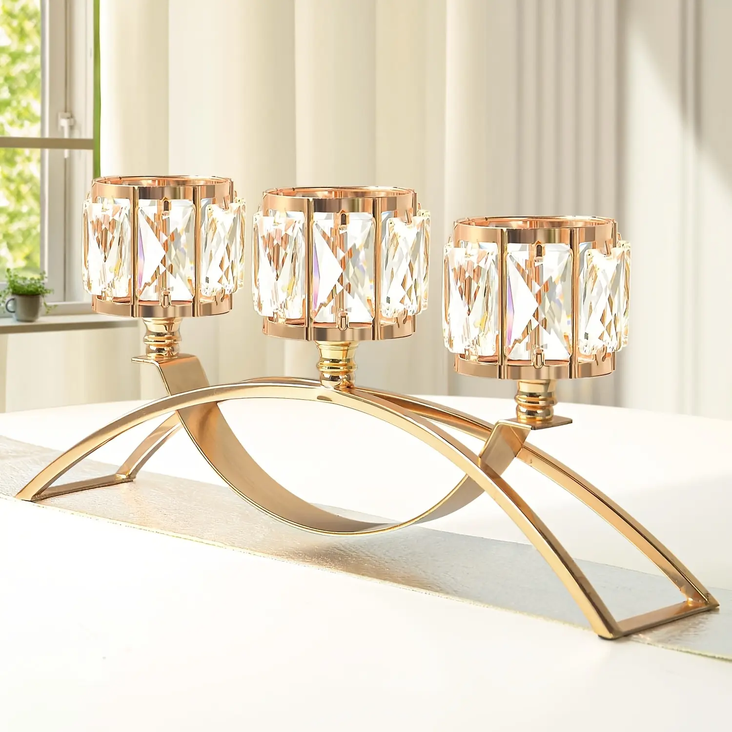 Three-arm crystal candelabra, arched tabletop candle holder/centerpiece; suitable for weddings, dining rooms, cabinet displays, and home decor.
