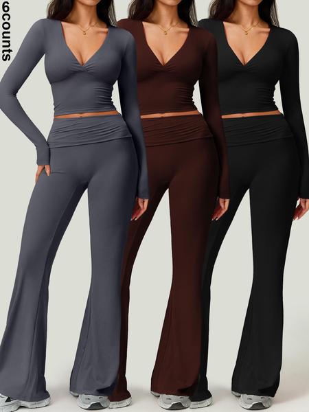 Women's Patchwork High Elastic Deep V-Shaped Collar Detachable Chest Pad Long Sleeve Oblique Waist Slim Fit Flared Pants Yoga Clothes suit Sweatsuit Set Outdoor Running Cycling Walking Gym Sports Training
