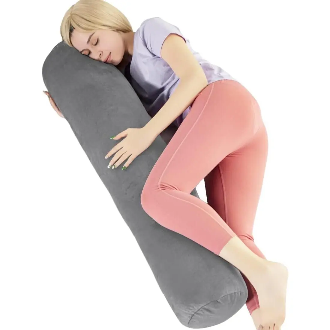 Body Pillow for Adults with Removable Velvet Cover, Long Round Cervical Roll Bolster Pillow, 47 x 7.87 Inches, GreyGift