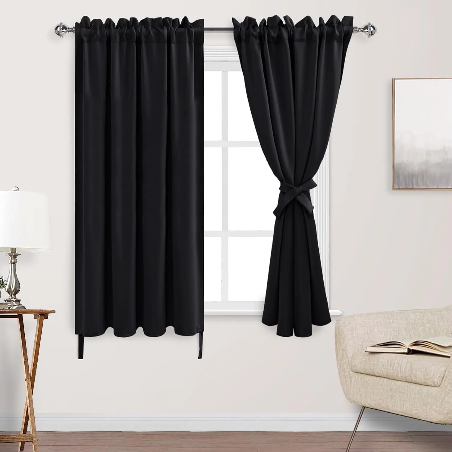 Darkening Curtains - Thermal Light-Blocking, 2 Panels, 42x63 Inch, with Rod & Tiebacks, for Bedroom & Living Room, Black, Brown Curtains, Beige Curtains