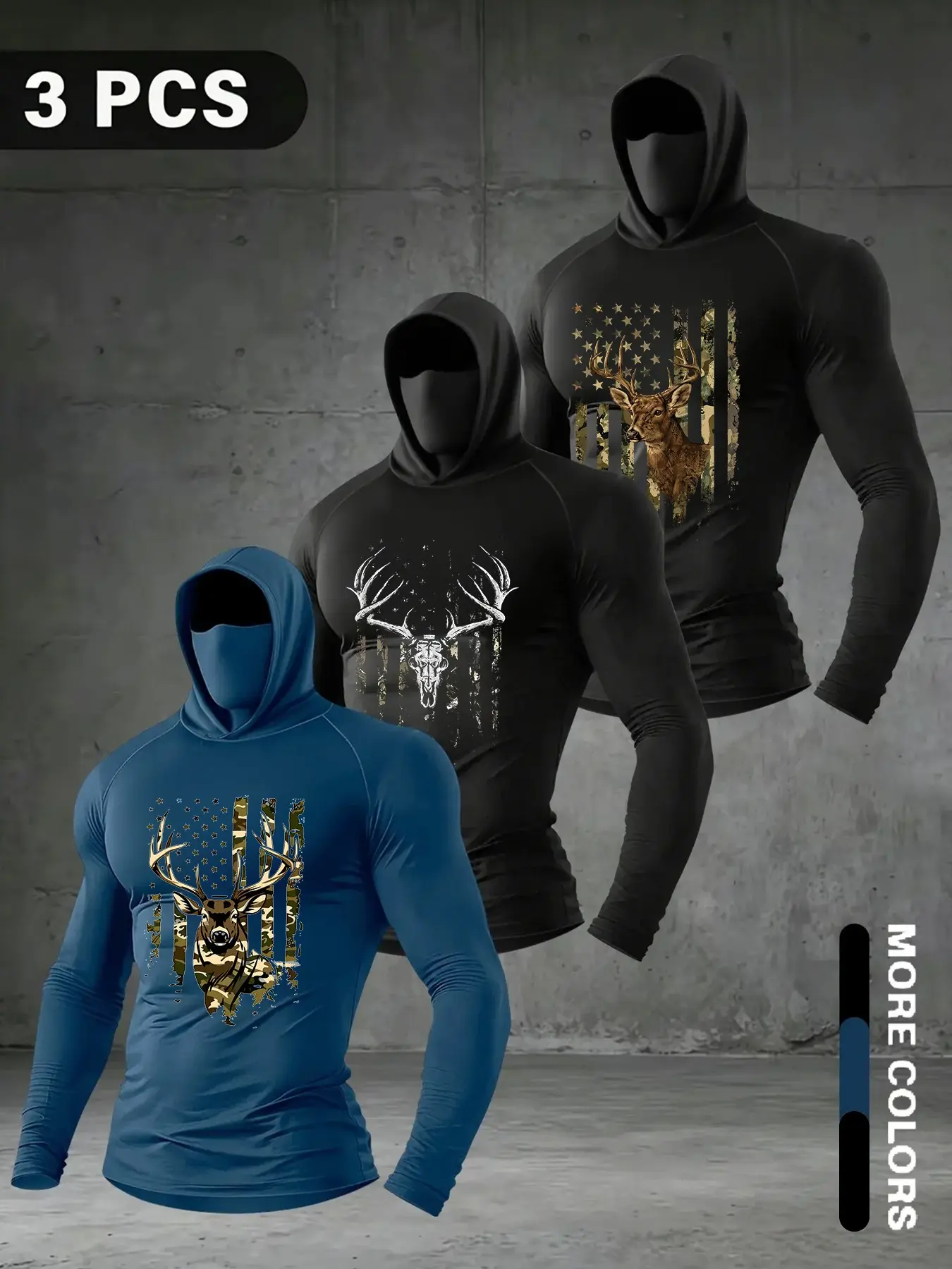 3-Pack Men's Balaclava Hooded Long Sleeve Tees, Athletic Hooded Shirts, Camo Antler & Flag Hunting Print Athletic Training Tops