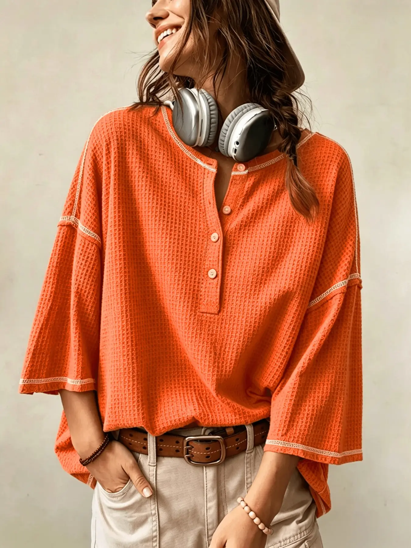 American Waffle Henry Neck Half Sleeve Top, Contrast Stitch Back Split Design T-Shirt, Loose Drop Shoulder Casual Solid Color Women's Shirt