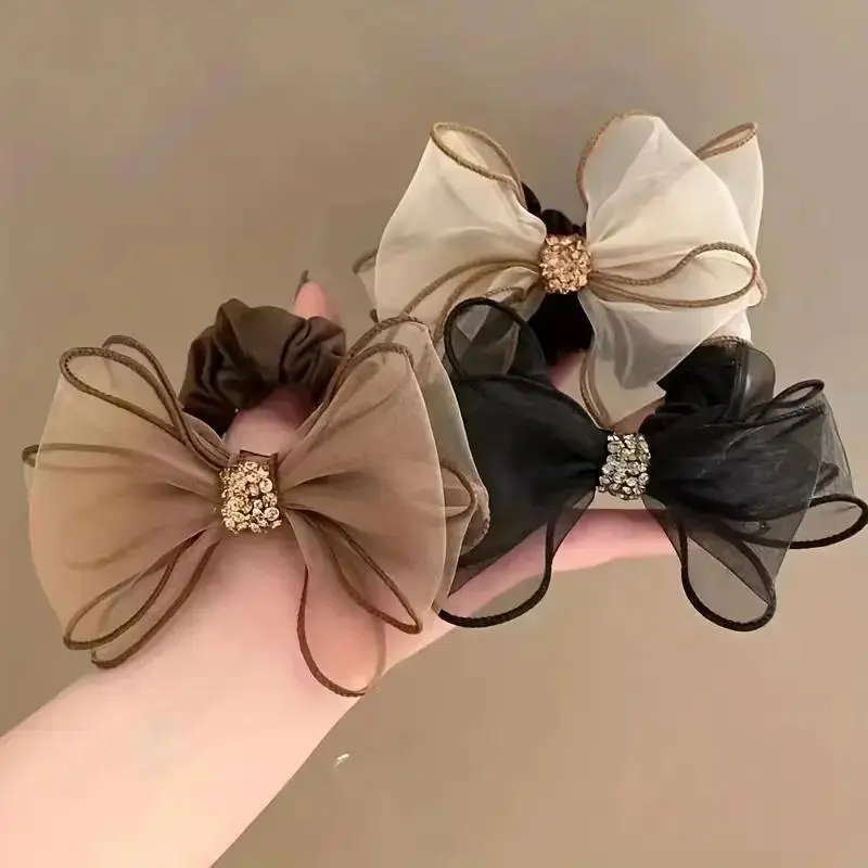 Women's 3-Pcs Vintage Rhinestone Bow Headbands Set - High-Elastic Mesh Fabric Hair Hoops, Elegant Bag Accessories for DIY Luggage & Bags, Updo Wear