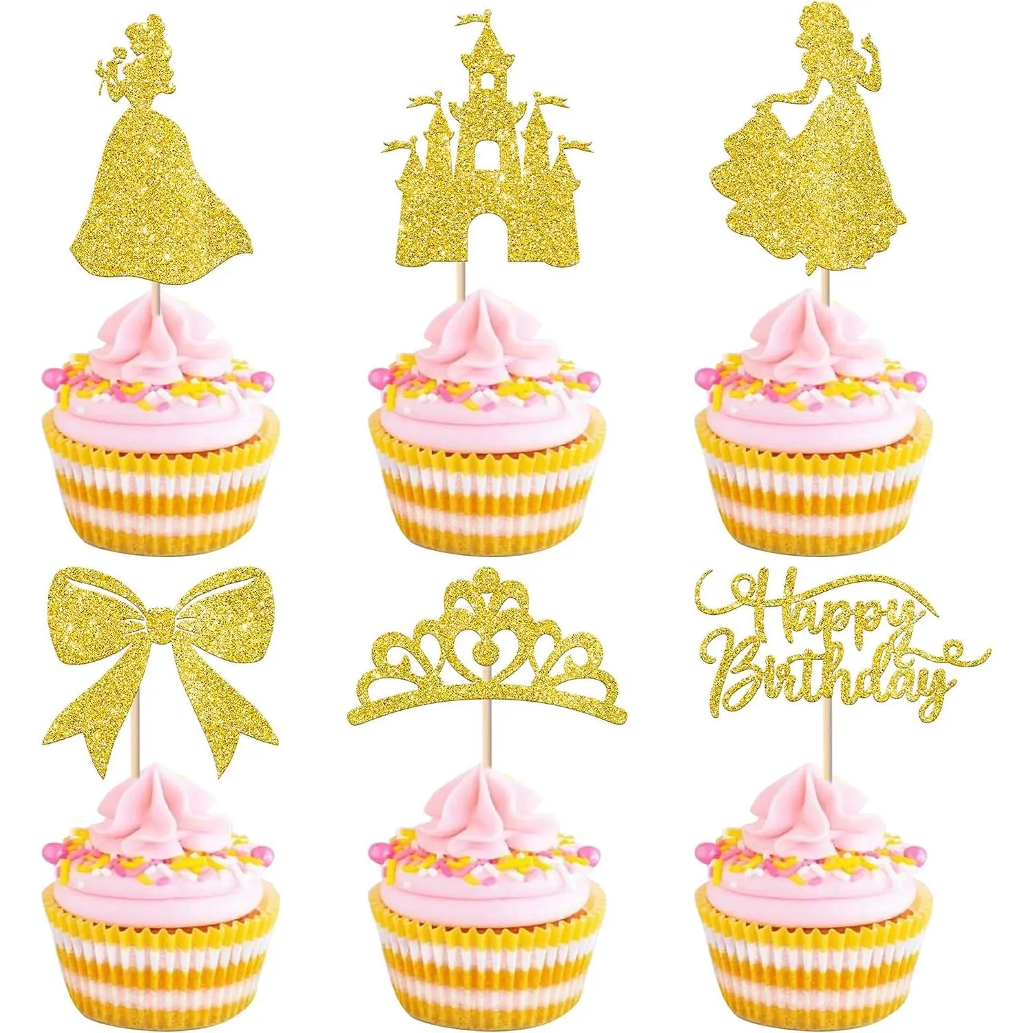 24 Pack Princess Happy Birthday Cupcake Toppers Gold Glitter Bow Crown Castle Cupcake Picks for Princess Girl Baby Shower Happy Birthday Party Cake Decorations Supplies