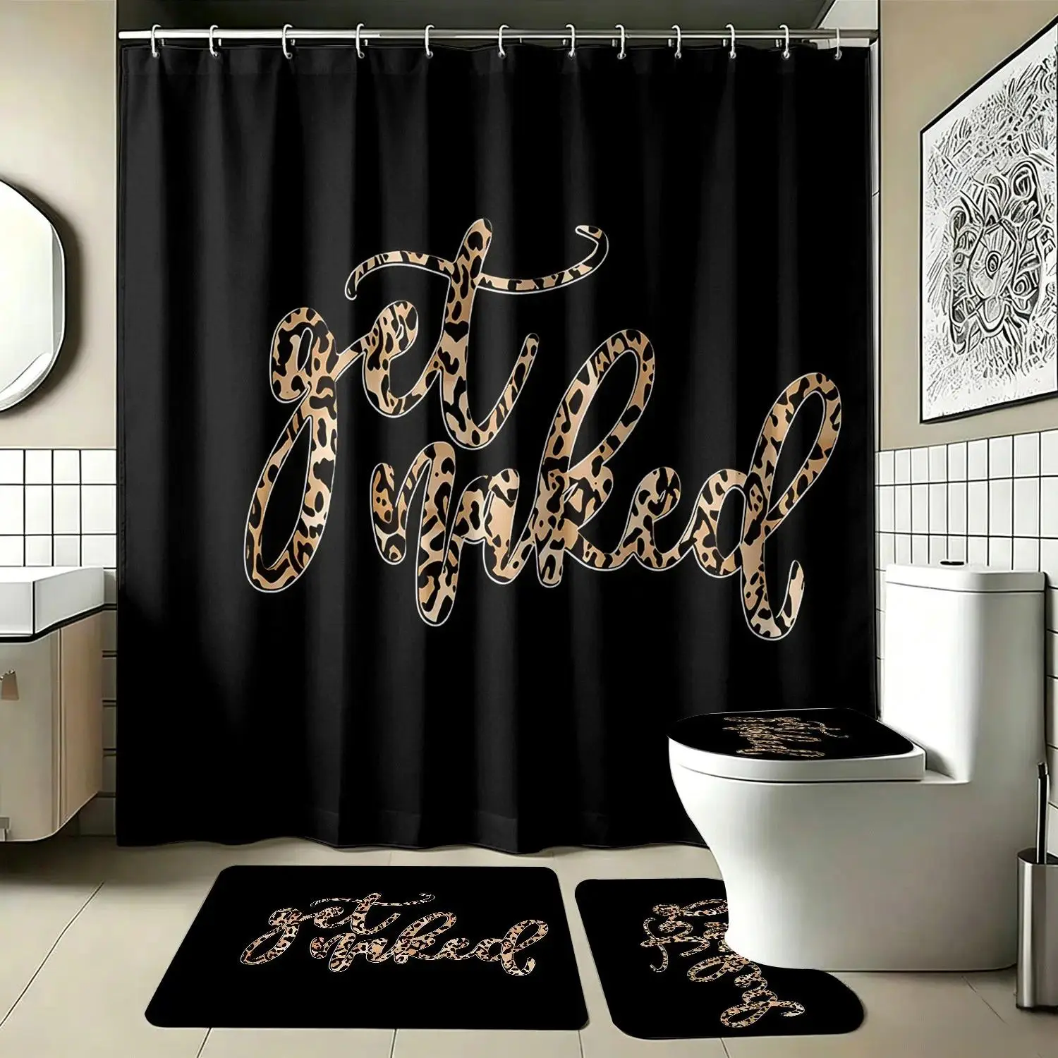 1/4pcs Animal Print "Get Naked" Fashion Shower Curtain & Rugs Combo Set, Black Background Sassy Quote, Thicker-Softer Floor Mat, Multiple Bold Bathroom Decor for Festive Glam Vibe