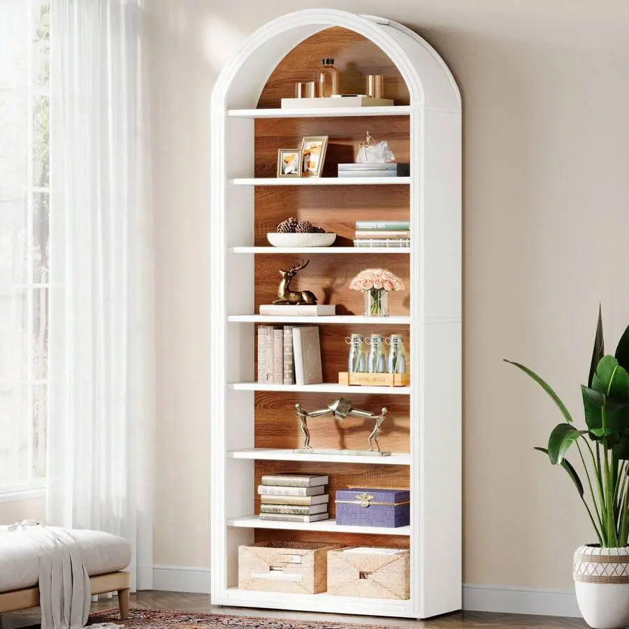 78.7" Tall Arched MDF Wood Bookshelf - Modern White Open Shelving Unit with Striped Trim, 8-Tier Sturdy Base Storage for Living Room, Home Office, Contemporary, Washable