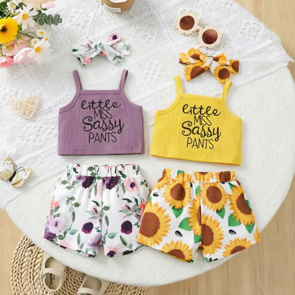 3Pcs Little Girls Outfit, Children Summer Sweet Style Sleeveless Suspender Letter Top + Floral Printing Shorts + Bow Headwear,cute Y2k Style,cute Kids Outfit,casual Kid Clothes