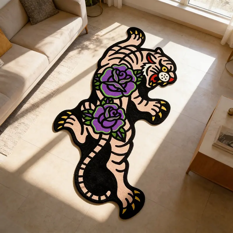 American Retro Tattoo Tiger Rose Irregular Living Room Rug, Soft Comfortable Non-Slip Carpet for Sofa, Coffee Table, Bathroom