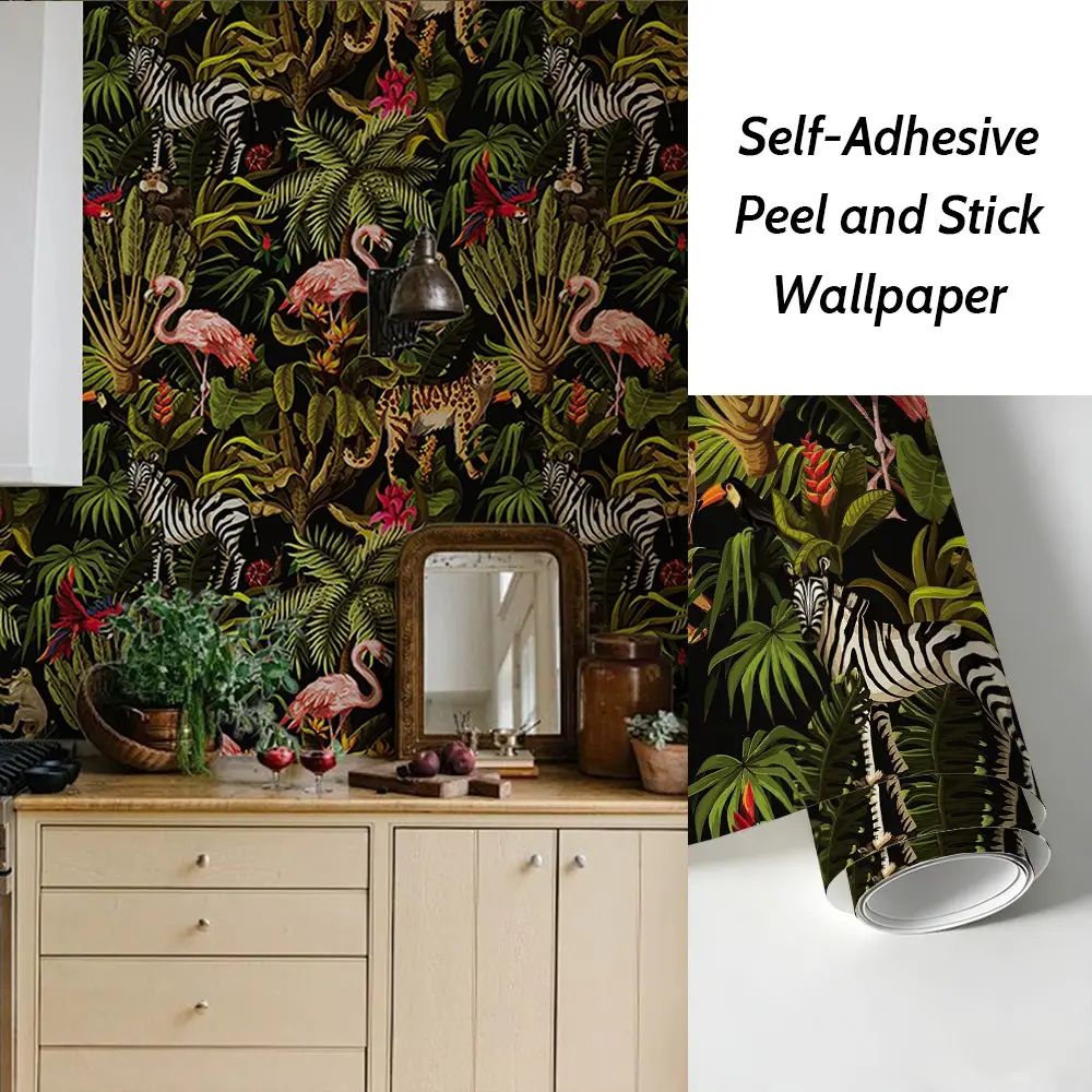 Tropical Rainforest Plant and Animal Self-Adhesive Wallpaper, Easy Install, Removable, 44x300/500cm, Home Decor, Halloween Theme