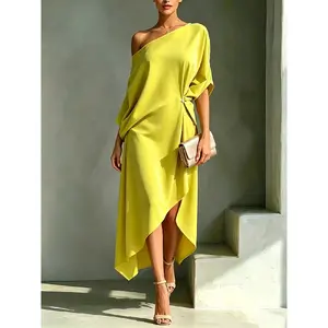 Elegant Simple Minimalist One-Shoulder Asymmetrical Midi Dress, Slim Fit Evening Gown, Chic Casual Wear, Perfect for Special Occasions