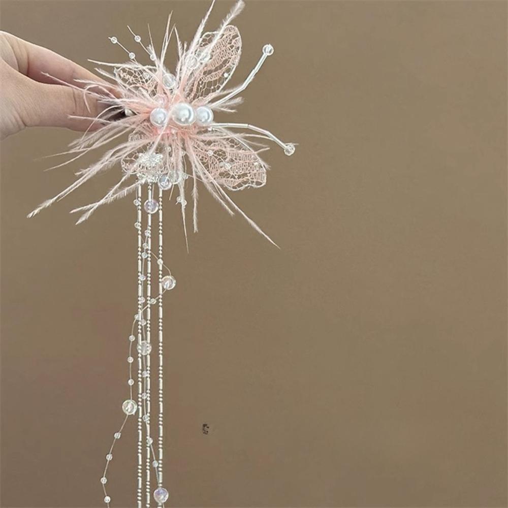 Ethereal Butterfly Pearl Tassel Hair Clip, Vintage Chinese Style Feather Side Clip, Luxury Elegant Hair Accessory