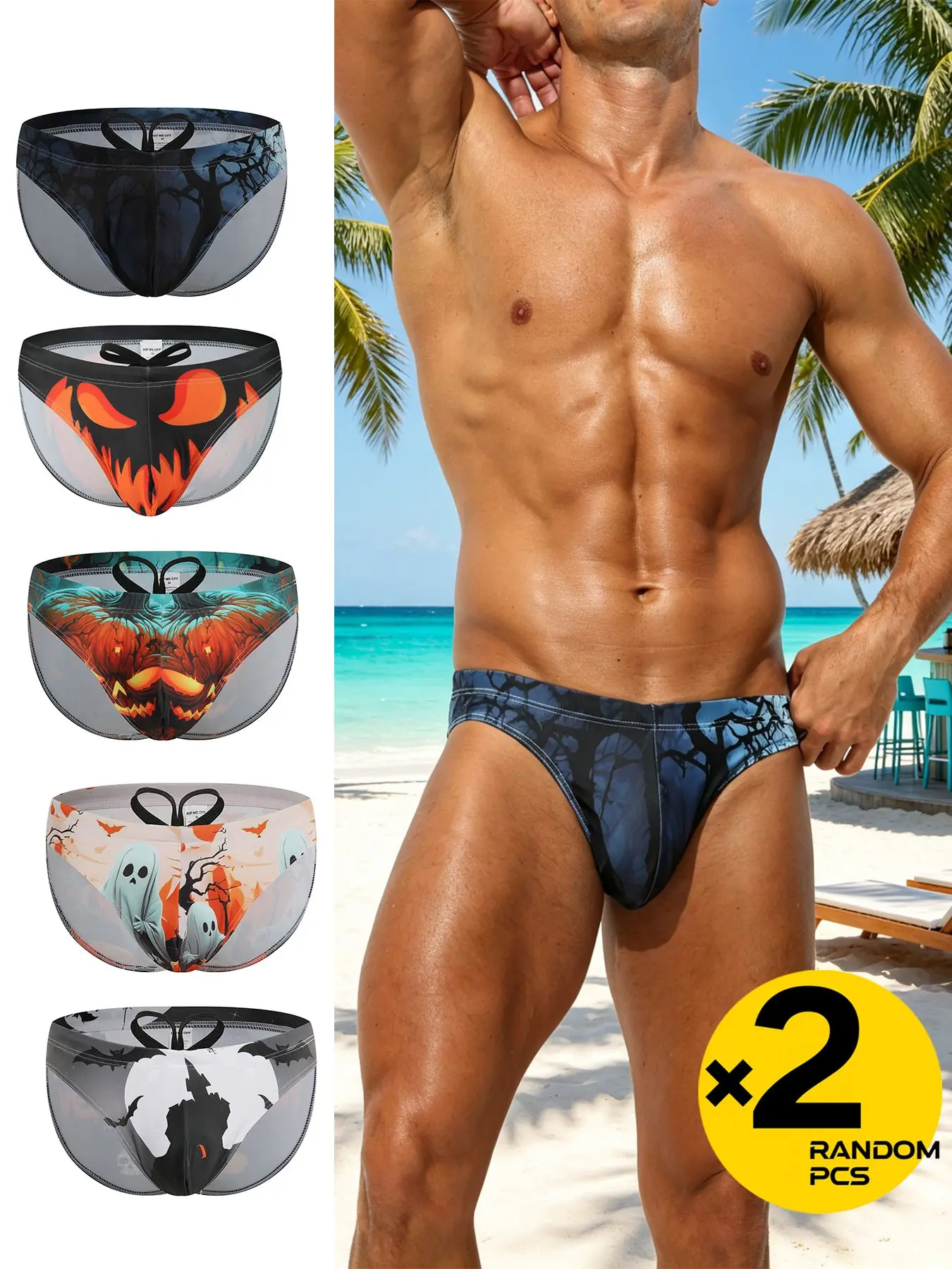 Assorted 2pc Men's Tri-String Bikini Swim Trunks with Holiday Prints, Performance Swim Trunks, Adjustable Drawstring, Low-Rise Tri-String Design, Quick-Dry, Slim-Fit, Stretchy, Perfect for the Beach, Pool, Parties, Swimming