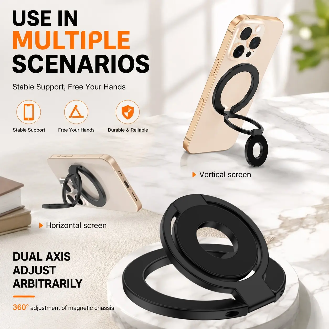 Dual-Sided MagSafe Magnetic Phone Ring Stand, 360° Rotatable 0-180° Foldable Phone Holder, Strong N52 Magnet, Multi-Scene Desktop & Car Mount