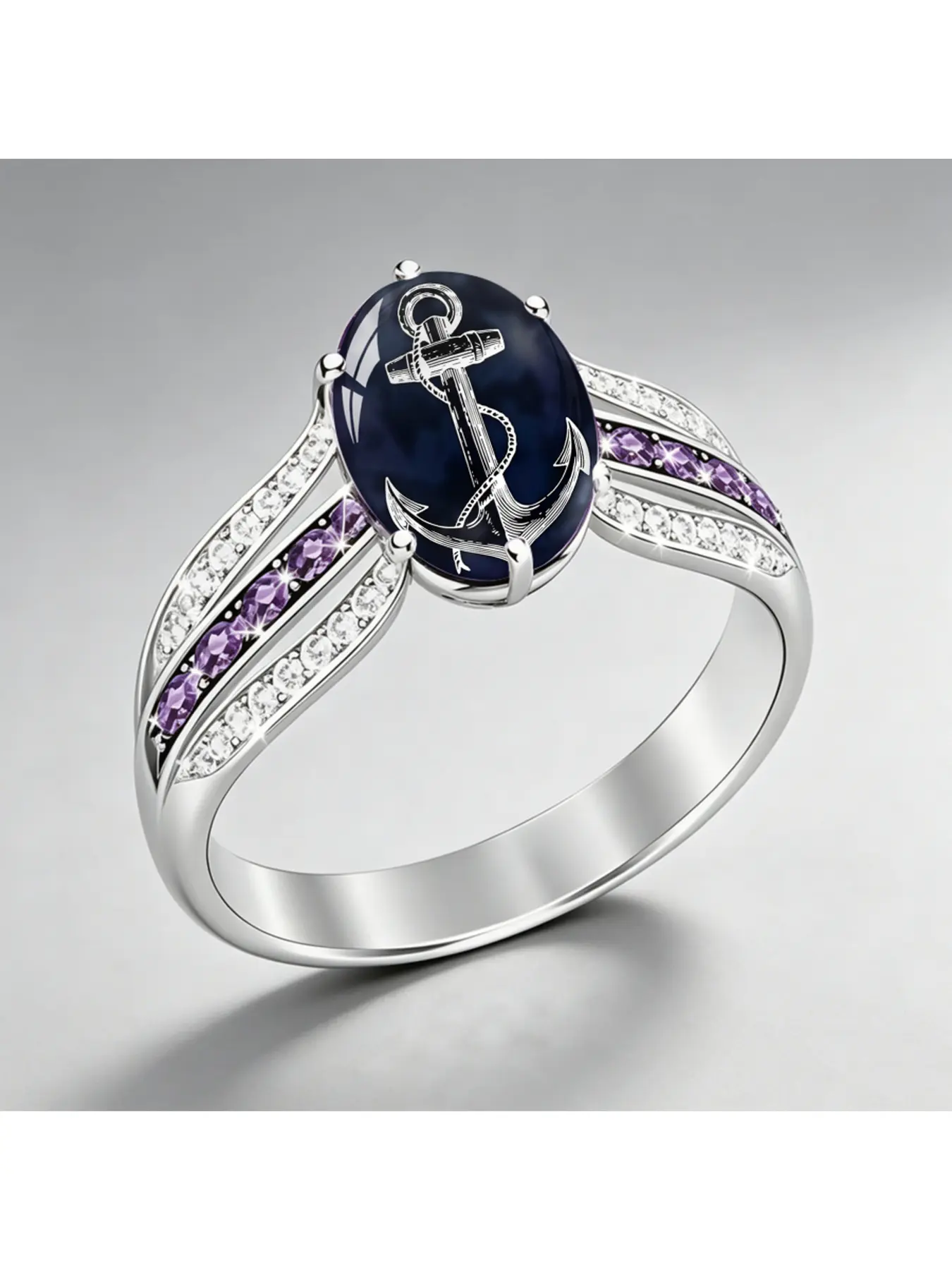 Nautical Anchor Art Oval Ring for Women, Silver Tone Double Band Inlaid Purple & Clear Rhinestones, Navy Anchor Print Statement Jewelry, Ocean Theme Gift