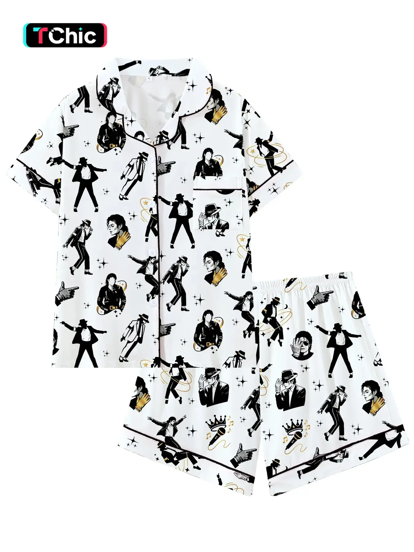 Vintage Music Singer Idol Lapel Short Sleeve Pajama Set, Comfortable Sleepwear for Home and Outdoors, Perfect Gift for Relaxing Nights