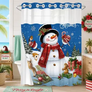 1 Piece No Hook Double Layer Shower Curtain, Christmas Snowman & Deer Print Bath Curtain, Waterproof, Mildew Resistant, Durable Fabric, Holiday Home Decor, Removable Liner, Top See-Through Window, Partition Curtain 71"×74"