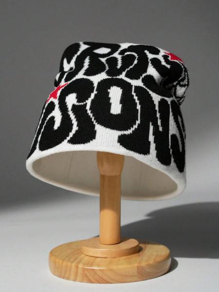 Men’s Letter Jacquard Spider Web Knit Hat Street Style Warm Beanie for Fall and Winter Fashionable Casual Winter Headwear