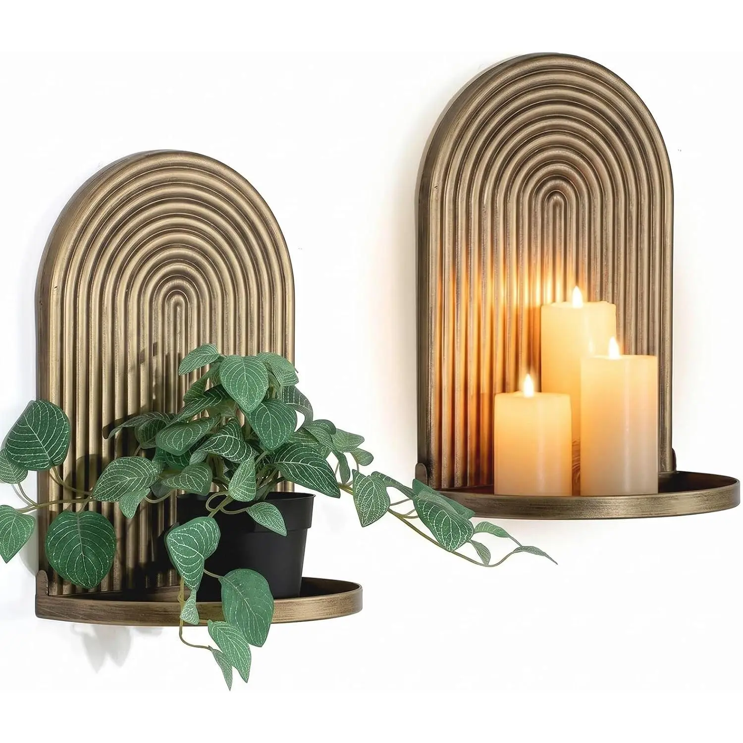 Vintage Mental Wall Candle Holder Set of 2 for Fireplace Livingroom| Gold Candle Sconces Decor Arch Minimalist Wall Shelf for Small Plants Vases Pillars Candles