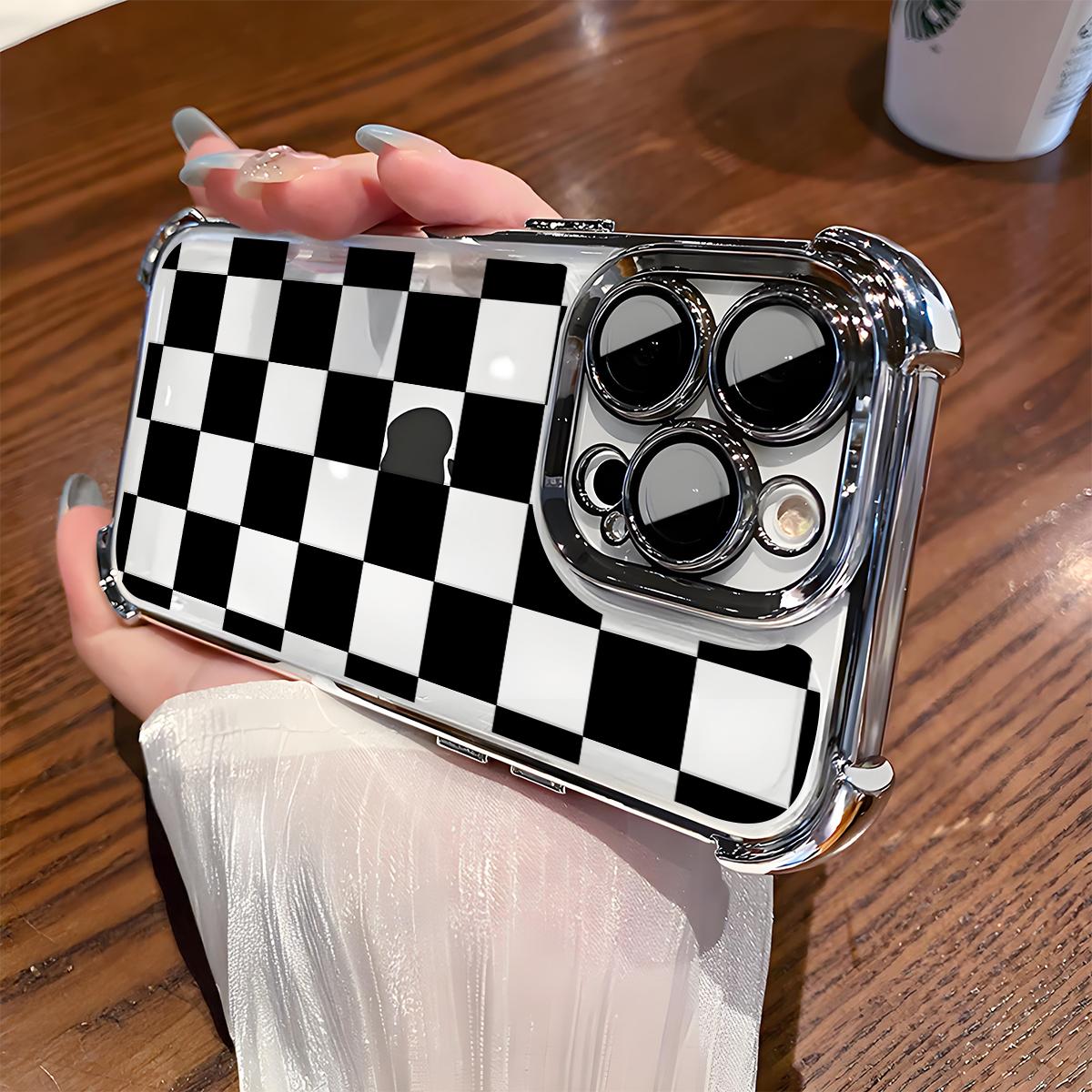 Black Checkered Pattern Phone Case , Electroplated Cover with Airbag Shockproof Slim Soft TPU Cover for iPhone X XS 11 12 13 14 15 16 17 Pro Max Plus Air Stylish
