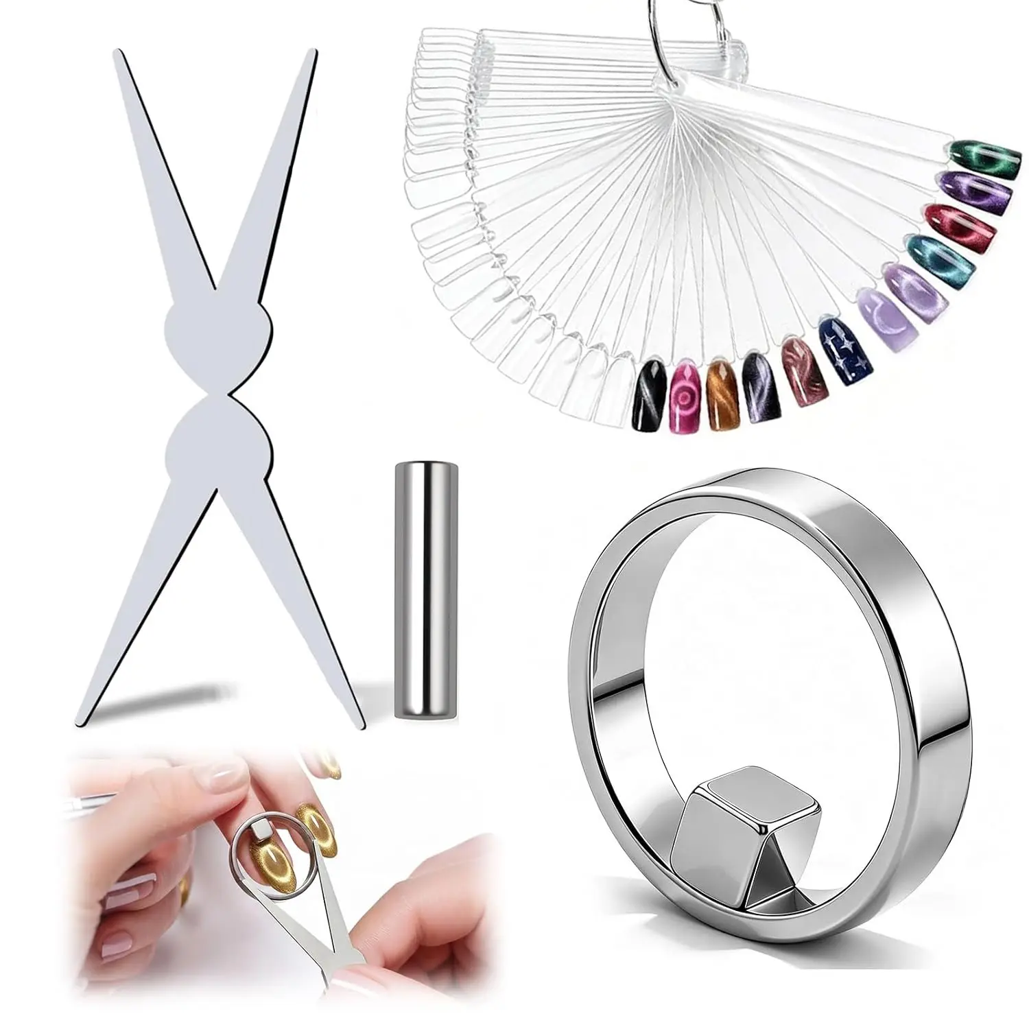 Cat Eye Nail Art Magnet Set, 2‑in‑1 High‑Strength Magnetic Nail Tool Kit with Ring, Y‑Shaped and Cylindrical Magnets. Works with Cat‑Eye Gel Nail Polish to create halo and black‑hole effects. Comes with 50 Swatch Sticks, ideal for home DIY manicures and b