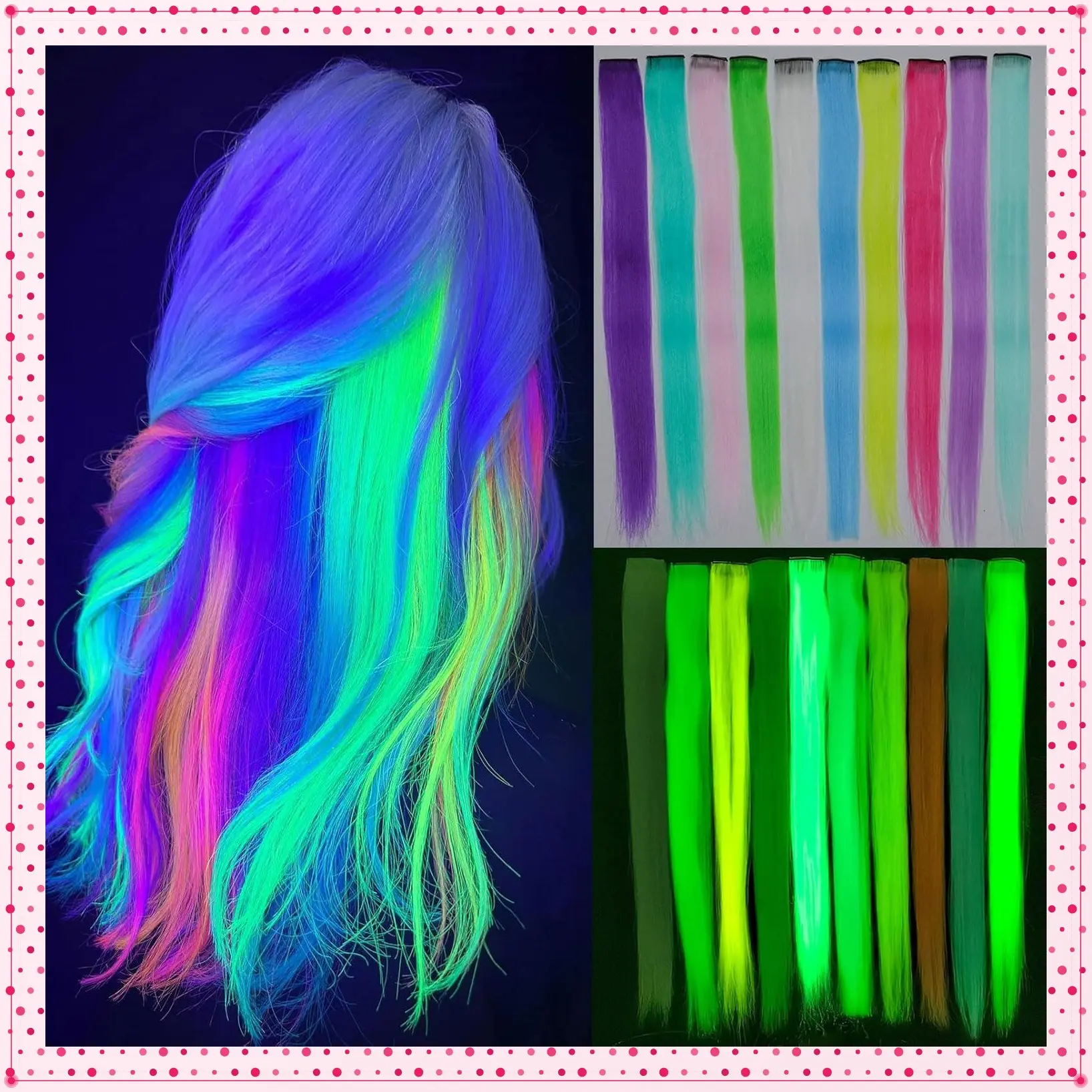 10 Pcs 22 Inch Colorful Synthetic Rainbow Glow in the Dark Clip in Hair Extensions for WomenGift