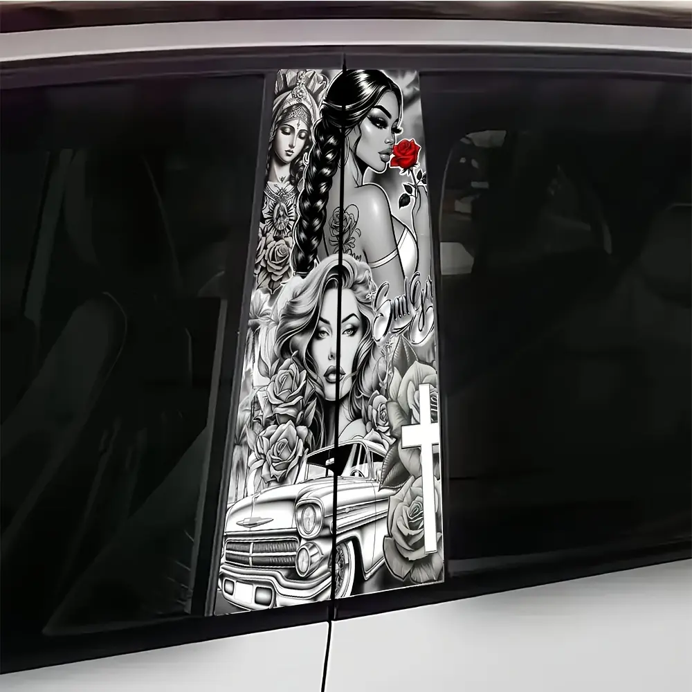 2pcs Demon and Angel B-Pillar Car Stickers, Black and White Rose Art Style, Automotive Decals, Vehicle Decoration, Creative Decorative Waterproof Stickers for Car B-Pillars - Easy to Apply and Durable Design, Suitable for Sedans, Cars, SUVs, MPVs