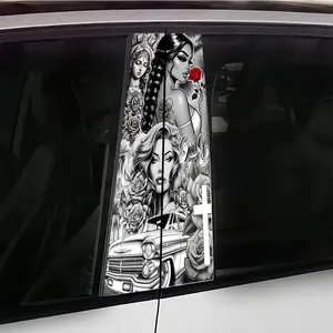 2pcs Demon and Angel B-Pillar Car Stickers, Black and White Rose Art Style, Creative Decorative Waterproof Stickers for Car B-Pillars - Easy to Apply and Durable Design, Suitable for Sedans, Cars, SUVs, MPVs