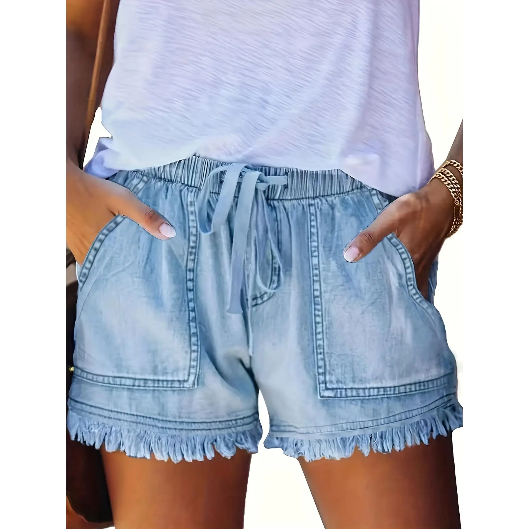 High-Stretch Raw-Edge Drawstring Elastic Waist Denim Shorts