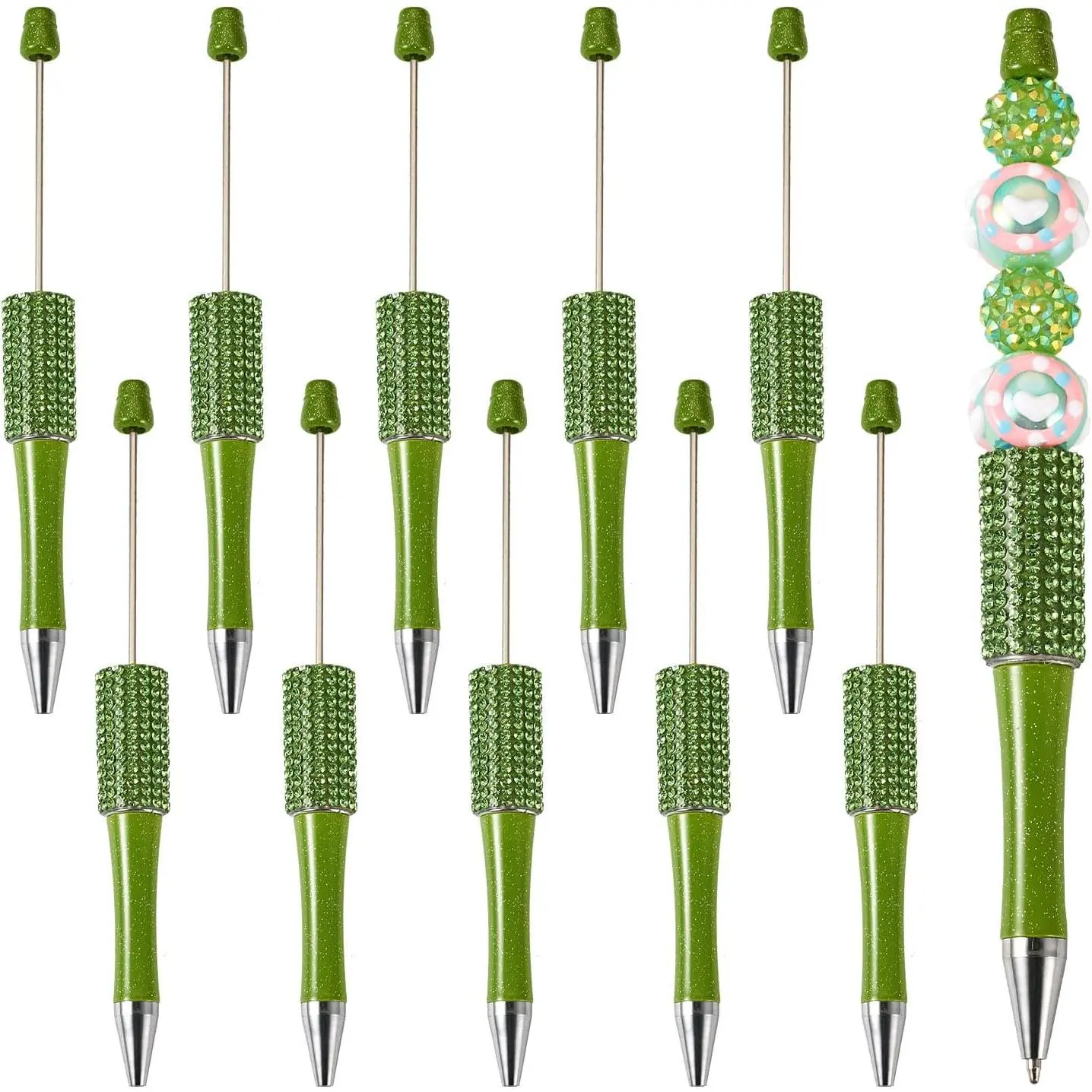 10 count  Beadable Pens, Bling Rhinestone Beaded Pens DIY Plastic Bead Pen  Shaft Black Ink Ballpoint Pens for DIY Pens Decorations Supplies  Office School - Olive Green