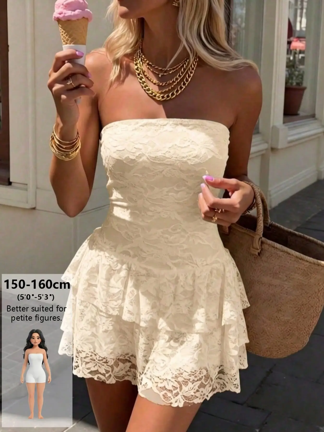 Women's Summer Solid Color Lace Bodycon Mini Dress, Sexy Strapless Chic Elegant Fitted Mini Dress with Shorts, Perfect for Spring, Travel, Tea Time, Parties