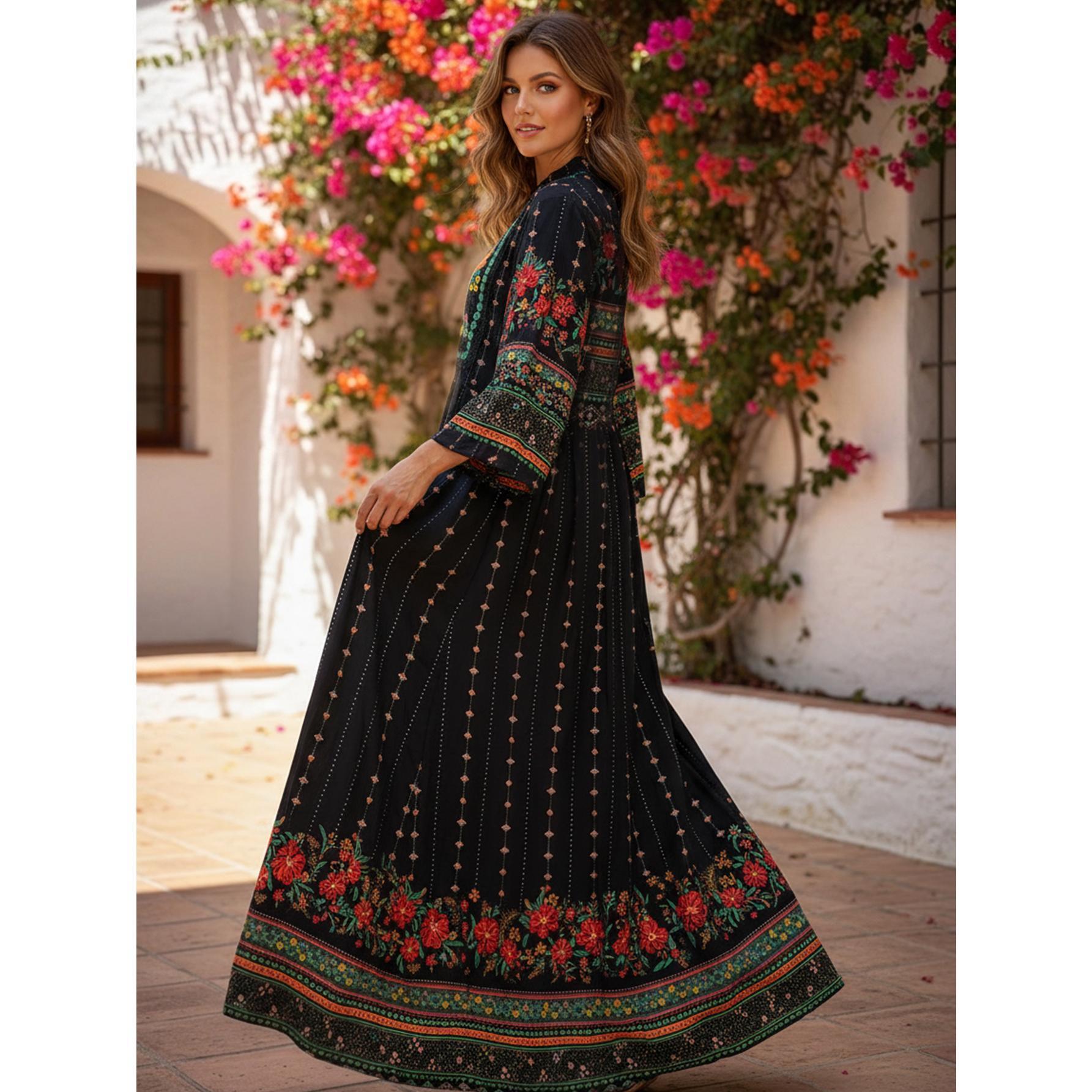 Vintage Boho Floral Embroidered Maxi Dress Elegant Ethnic Chic Gown | Standard & Plus Size S-4XL | Perfect for Evening Dinner, Festivals & Special Occasions