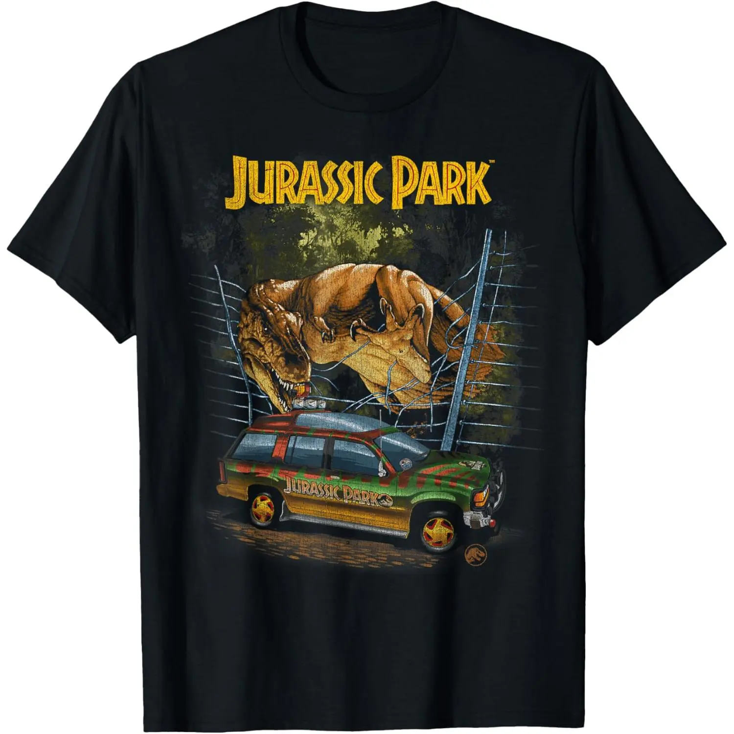 Women's Retro Fitted Jurassic Park Vintage T-Rex Break Out Digital All-Over Print Round Neck Short-Sleeve Graphic Top - Small, Comfortable, Breathable, Ideal for Thanksgiving, Baby Gifts, Paired with Jacket, Cargo Pants