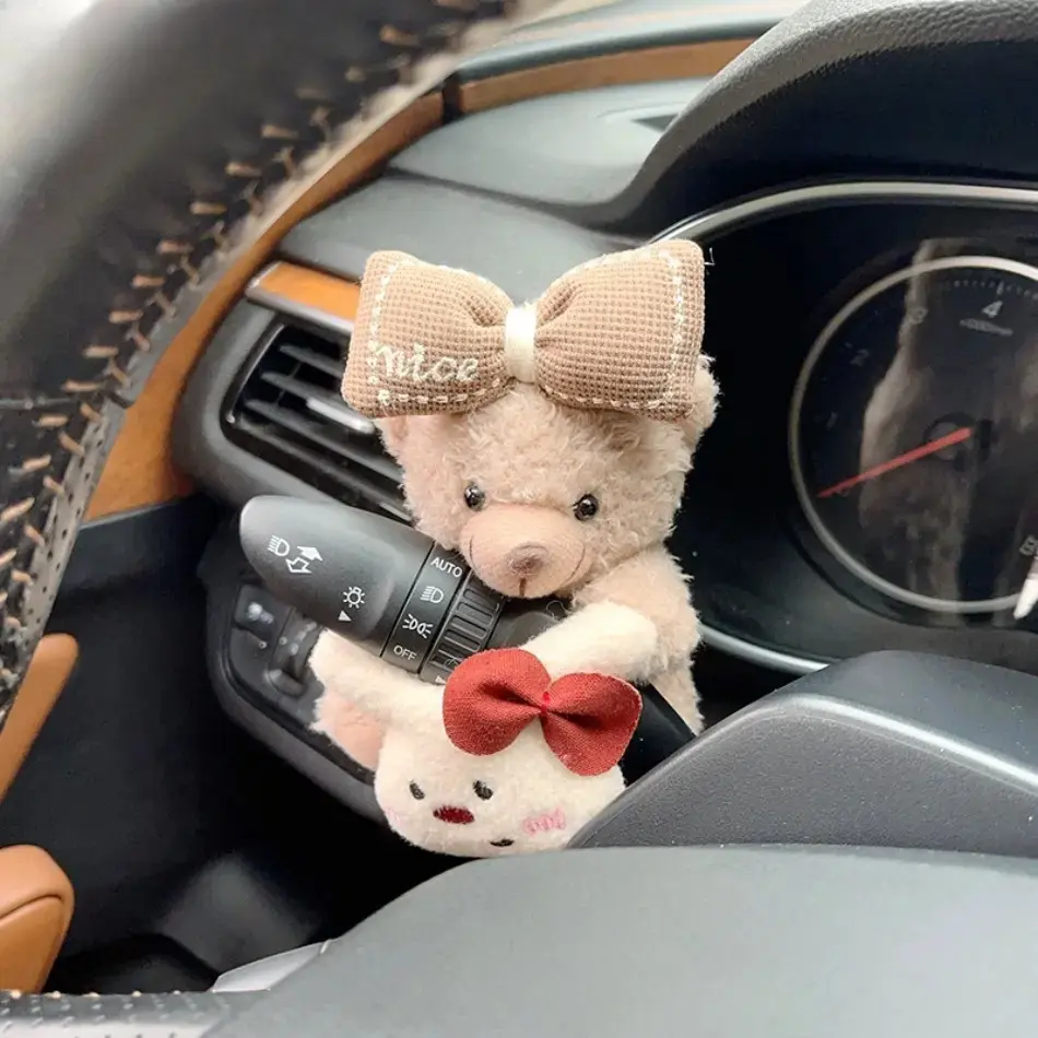 Kawaii Look Soft Polyester Plush Bear Car Interior Ornament, Dual-Use Decor for Shift Lever Hang & Daily Bag Charm, Creative Cartoon Stuffed Accessory, Holiday Birthday Gift, Cartoonish, Unisex