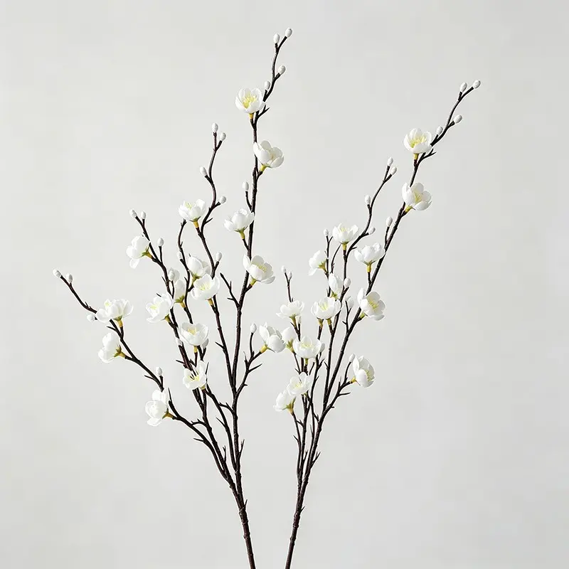 2 Pieces Artificial Plum Blossom Flowers, 21.7 Inch Fake Wax Plum Long Stem Plastic Flower, Home Hotel Office Wedding Party Garden Decor, Faux Decorative Flowers