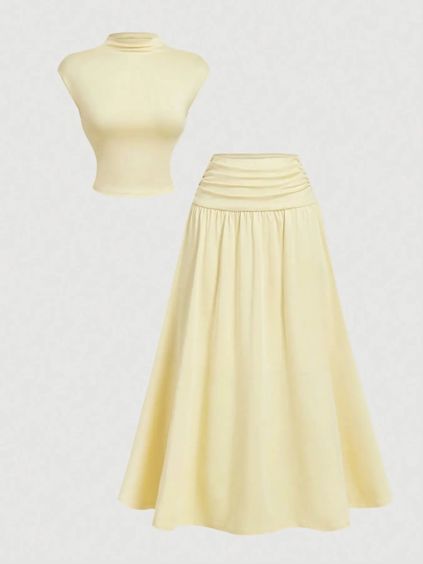 Women Two Piece Matching Outfit Mock Neck Sleeveless Crop Tank Top Ruched High Waist Flowy Swing Midi Skirt Co Ord Set Elegant Dating Wedding Guest Casual Daily Holiday Outfit